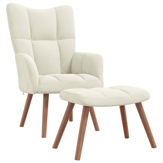 Scaun de relaxare cu taburet, alb crem, catifea