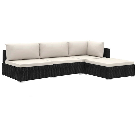 Set mobilier de grădină cu perne, 4 piese, negru, poliratan