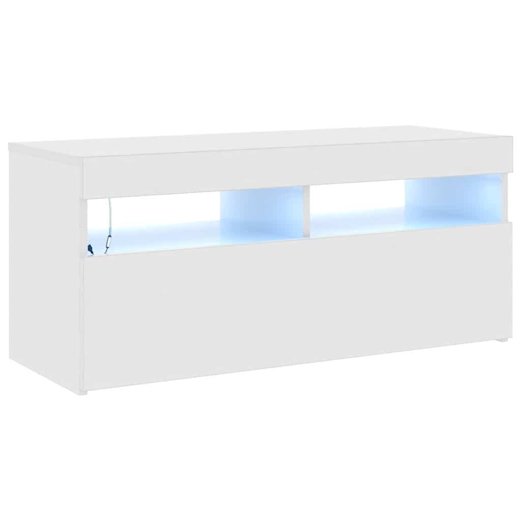 Comodă TV cu lumini LED, alb extralucios, 90x35x40 cm