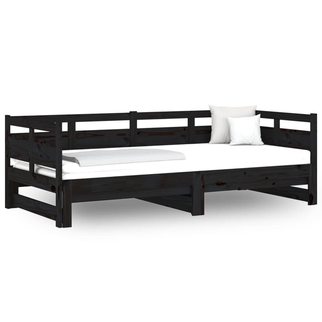 Pat de zi extensibil, negru, 2x(90x190) cm, lemn masiv de pin