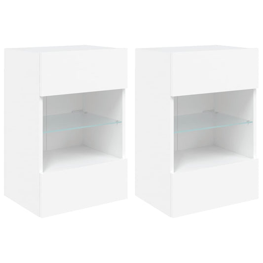 Comode de perete cu lumini LED pentru TV, 2 buc., alb, 40x30x60,5 cm