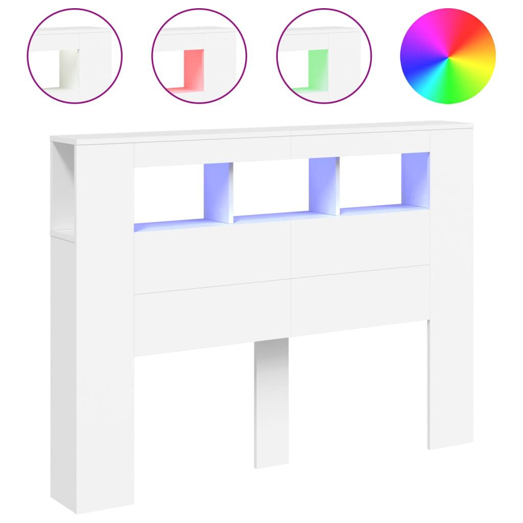 Tăblie de pat cu LED, alb, 140x18,5x103,5 cm, lemn