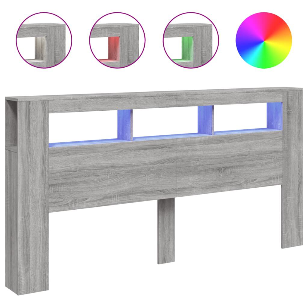 Tăblie de pat cu LED gri sonoma 200x18,5x103,5cm lemn prelucrat