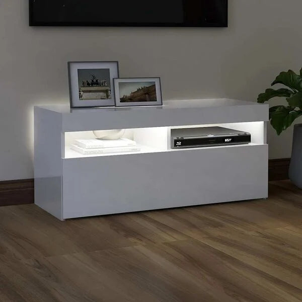 Comodă TV cu lumini LED, alb extralucios, 90x35x40 cm