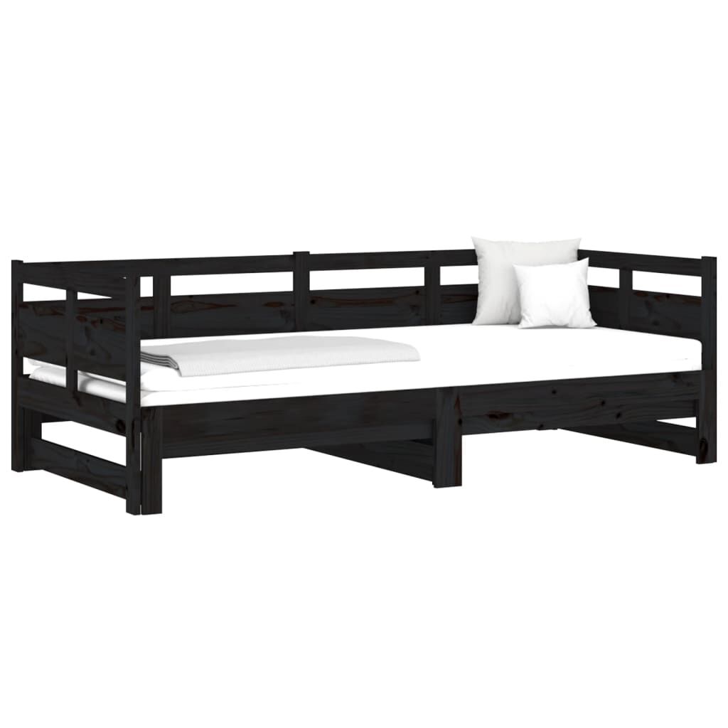 Pat de zi extensibil, negru, 2x(90x190) cm, lemn masiv de pin