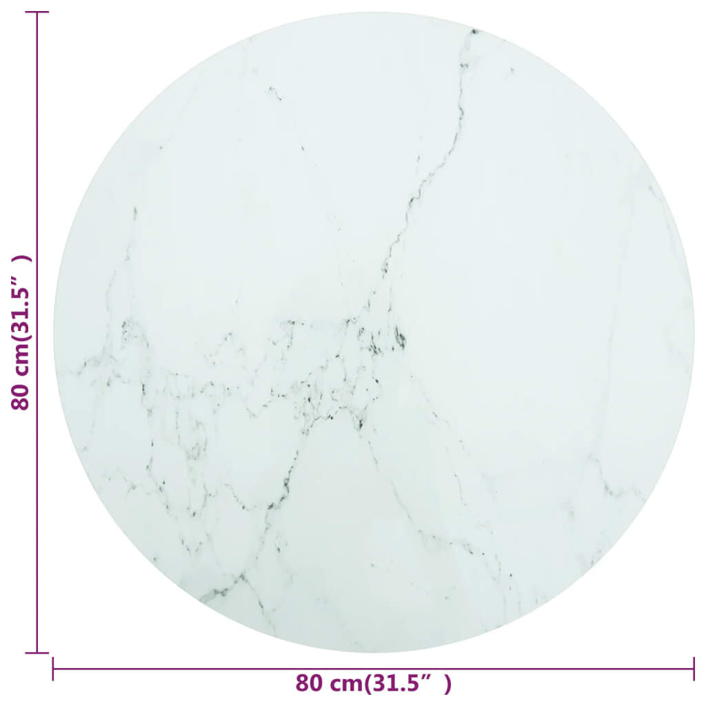 Blat masă alb Ø80x1 cm sticlă securizată cu design de marmură