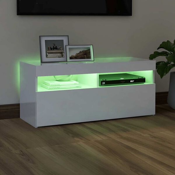 Comodă TV cu lumini LED, alb extralucios, 90x35x40 cm