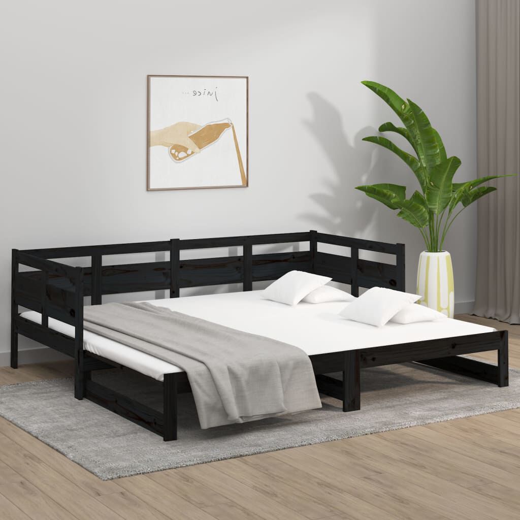 Pat de zi extensibil, negru, 2x(90x190) cm, lemn masiv de pin