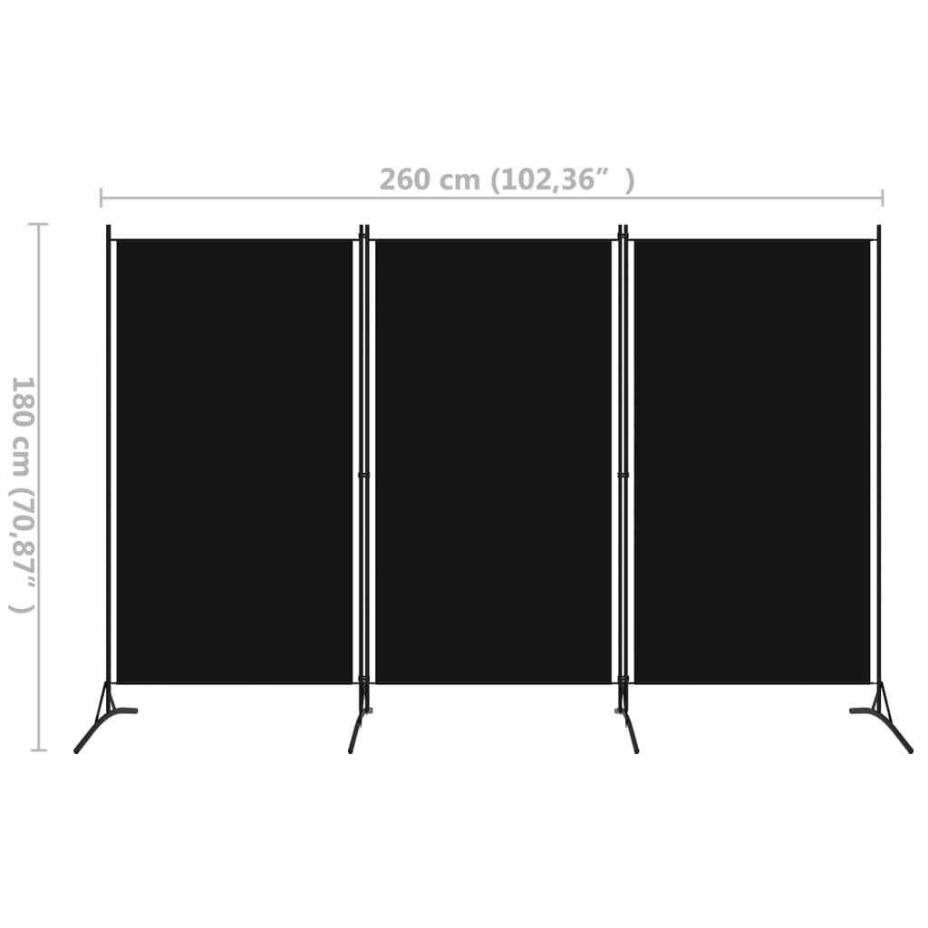 Paravan de cameră cu 3 panouri, negru, 260 x 180 cm, textil