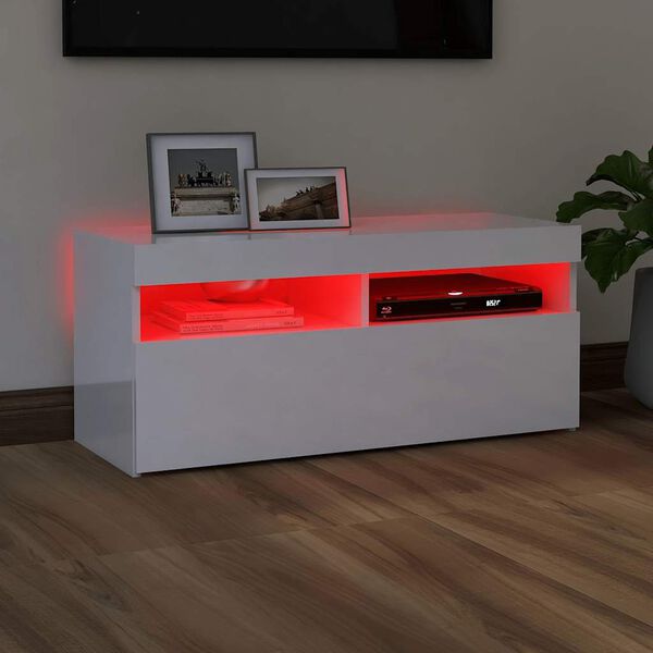 Comodă TV cu lumini LED, alb extralucios, 90x35x40 cm
