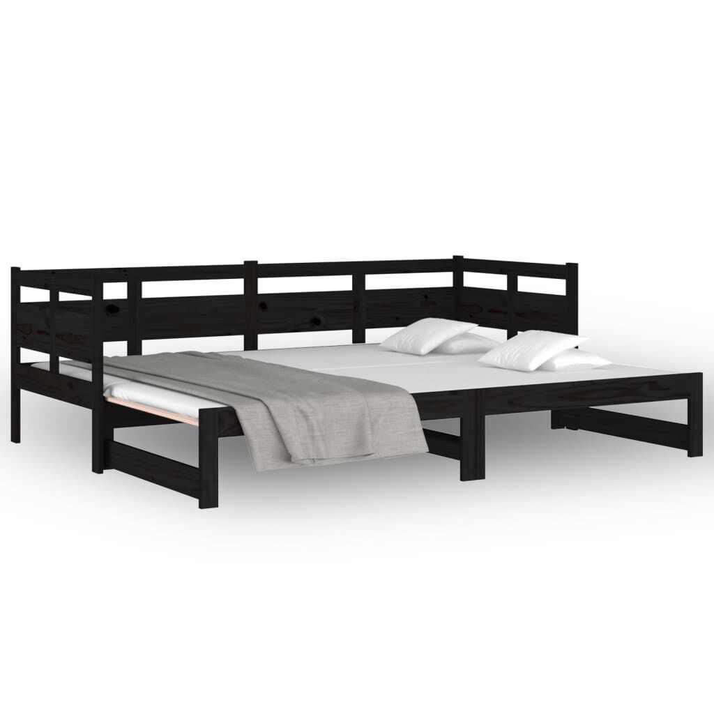 Pat de zi extensibil, negru, 2x(90x190) cm, lemn masiv de pin