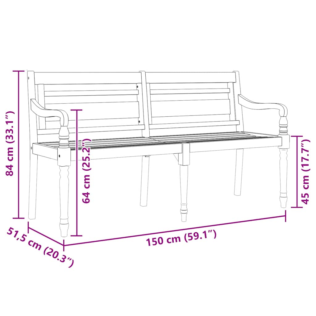 Bancă Batavia, 150 cm, lemn masiv de tec