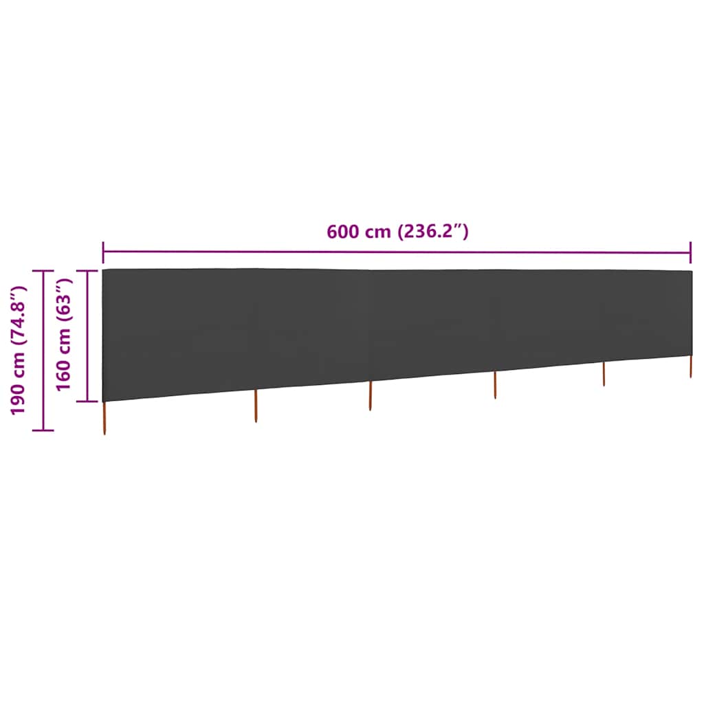 Paravan anti-vânt cu 5 panouri, antracit, 600 x 160 cm, textil