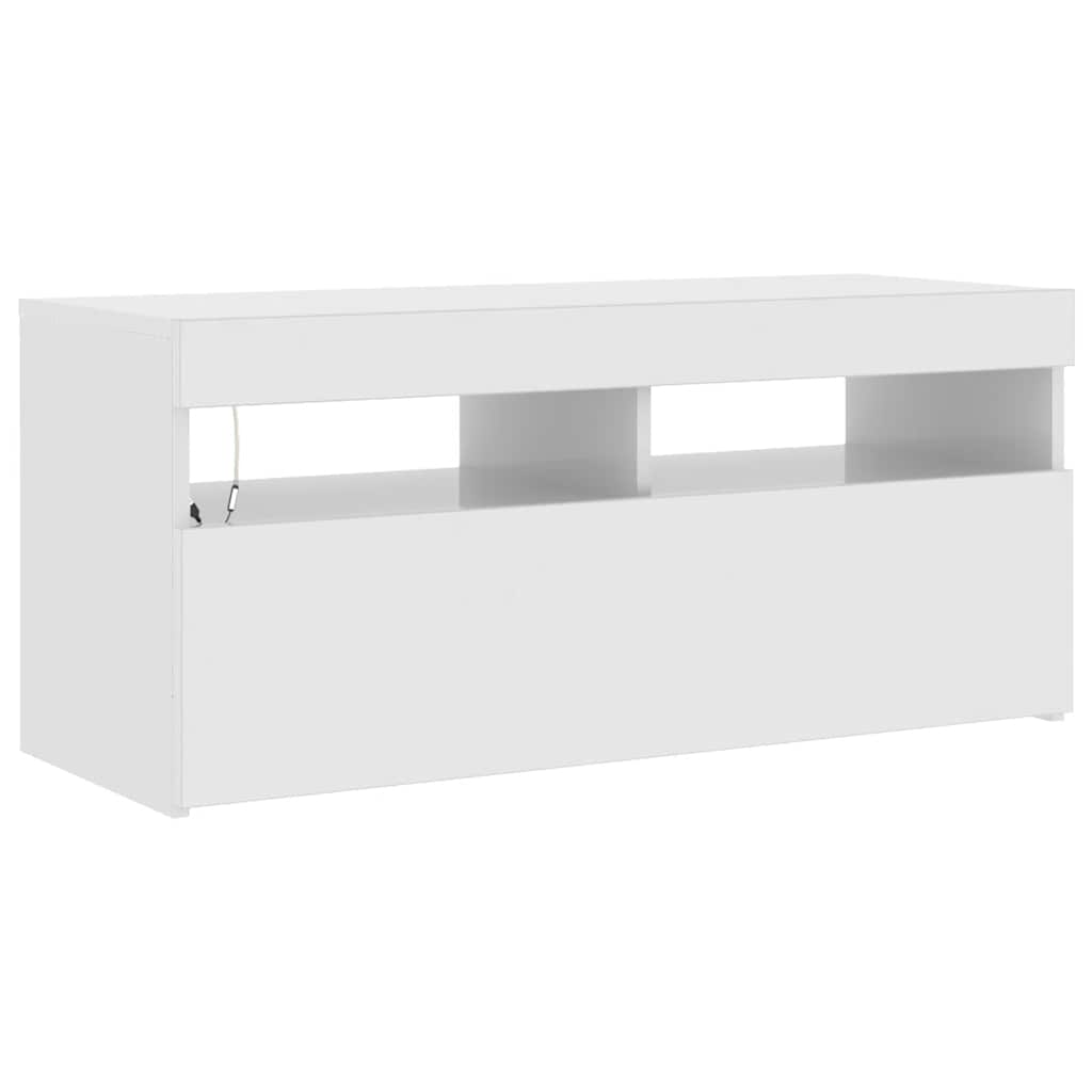 Comodă TV cu lumini LED, alb extralucios, 90x35x40 cm
