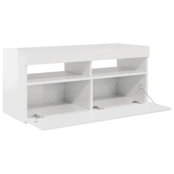 Comodă TV cu lumini LED, alb extralucios, 90x35x40 cm
