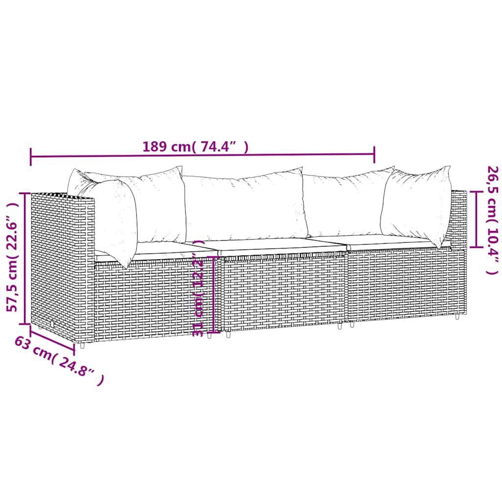 Set mobilier de grădină cu perne, 3 piese, gri, poliratan