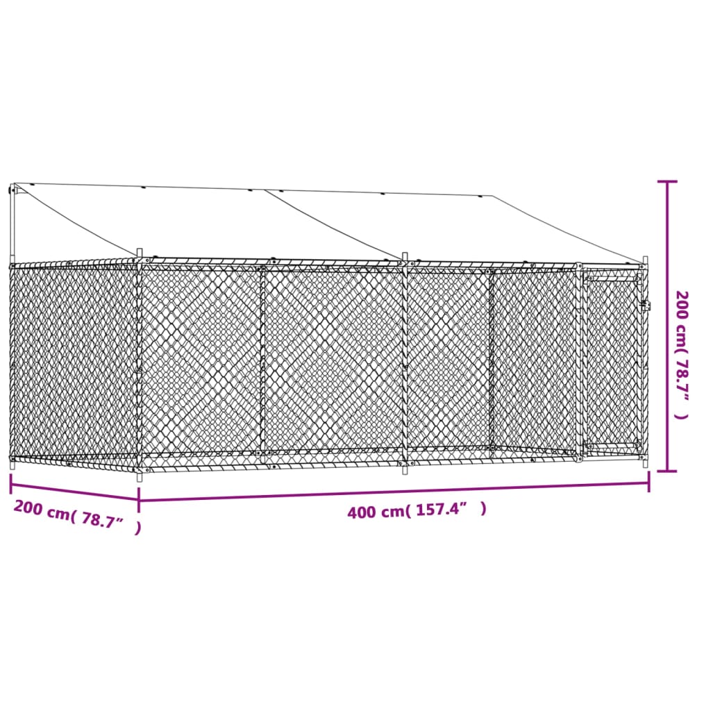 Cușcă câini cu acoperiș și uși, gri, 4x2x2 m, oțel galvanizat