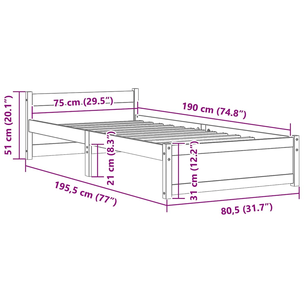 Cadru de pat mic single, 75x190 cm, lemn masiv pin alb