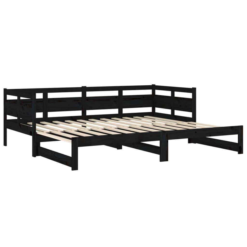 Pat de zi extensibil, negru, 2x(90x190) cm, lemn masiv de pin