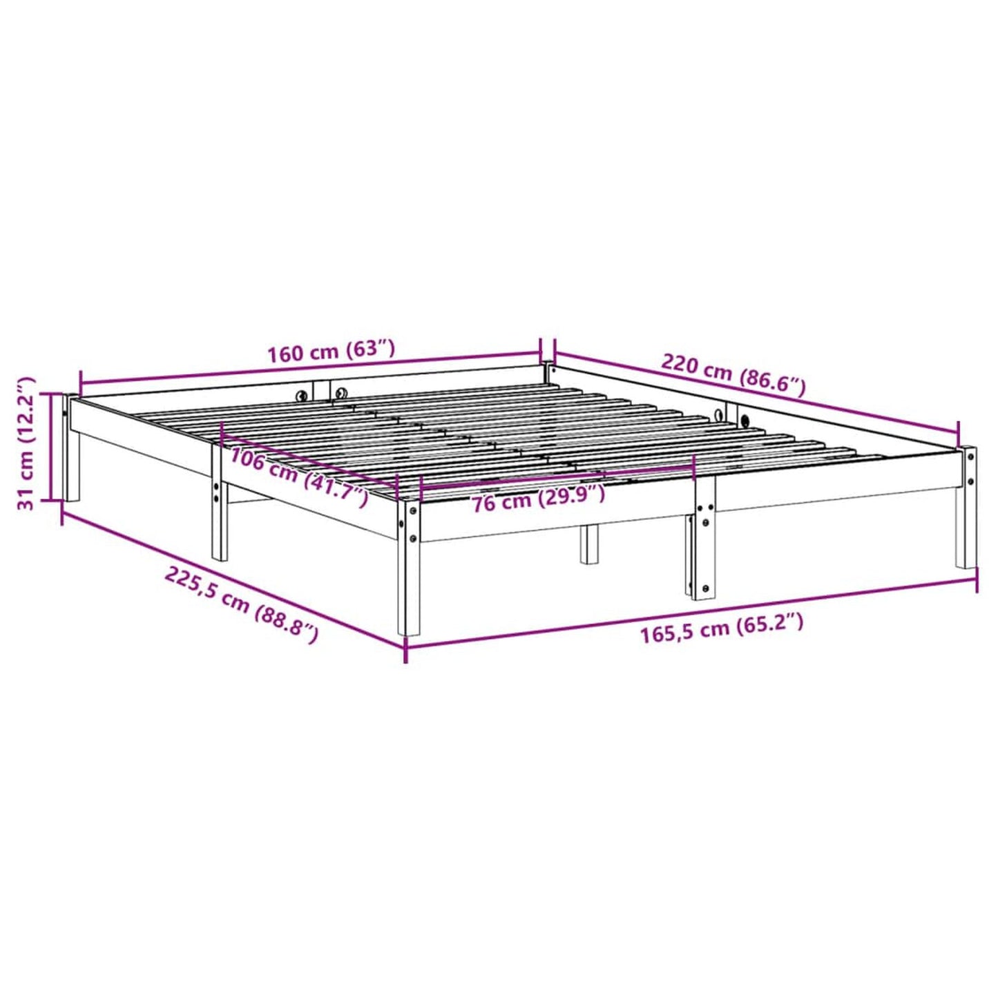 Cadru pat foarte lung fără saltea alb 160x220 cm lemn masiv pin