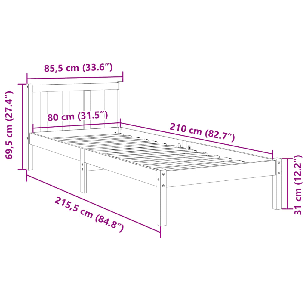 Cadru de pat foarte lung fără saltea, 80x210 cm, lemn masiv pin