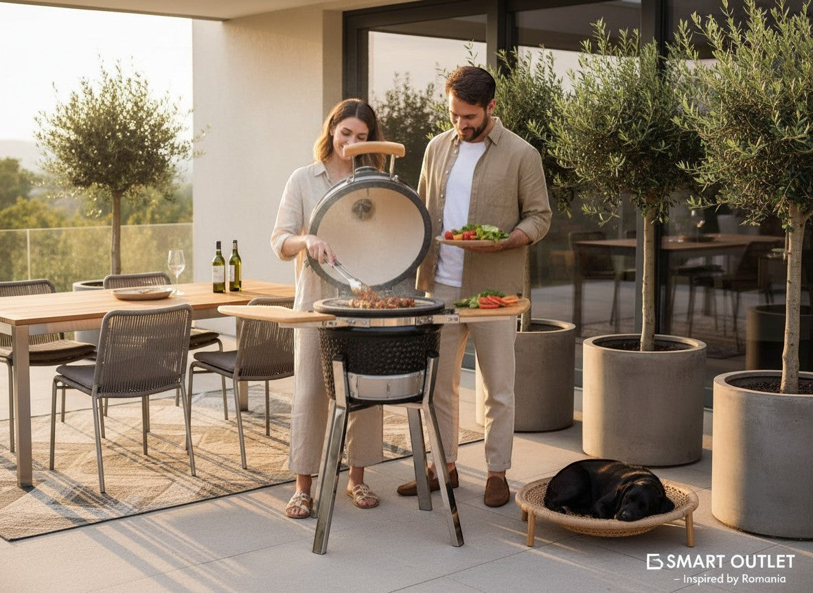 Smart Outlet black ceramic Kamado grill with smoker, 81 cm height, built-in thermometer, and two wooden side shelves.