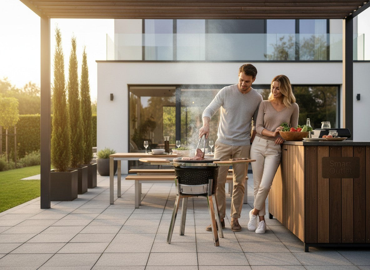 Smart Outlet black ceramic Kamado grill with smoker, 81 cm height, built-in thermometer, and two wooden side shelves.