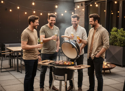 Smart Outlet black ceramic Kamado grill with lid open, built-in thermometer, and two wooden side shelves. 81 cm height.