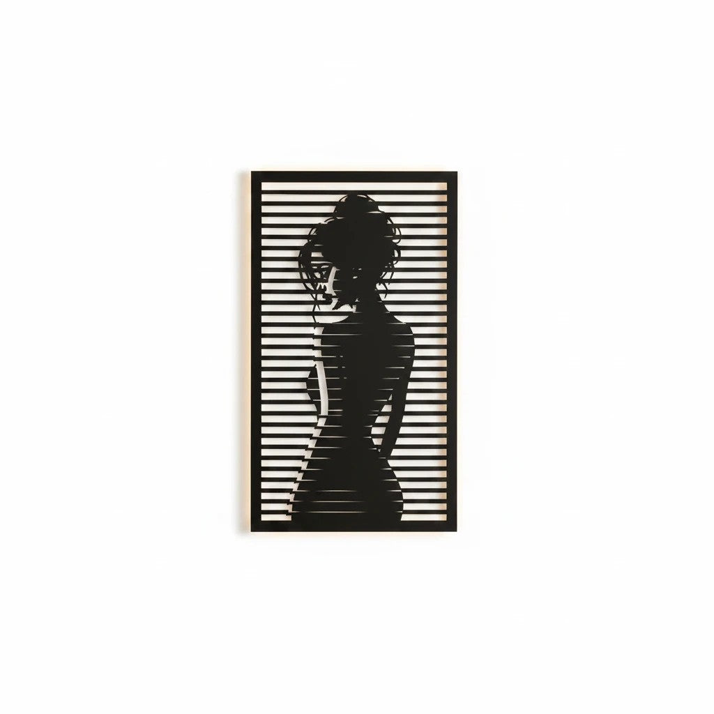 Smart Outlet matte black laser-cut metal wall art featuring a female silhouette with horizontal Venetian blind lines.