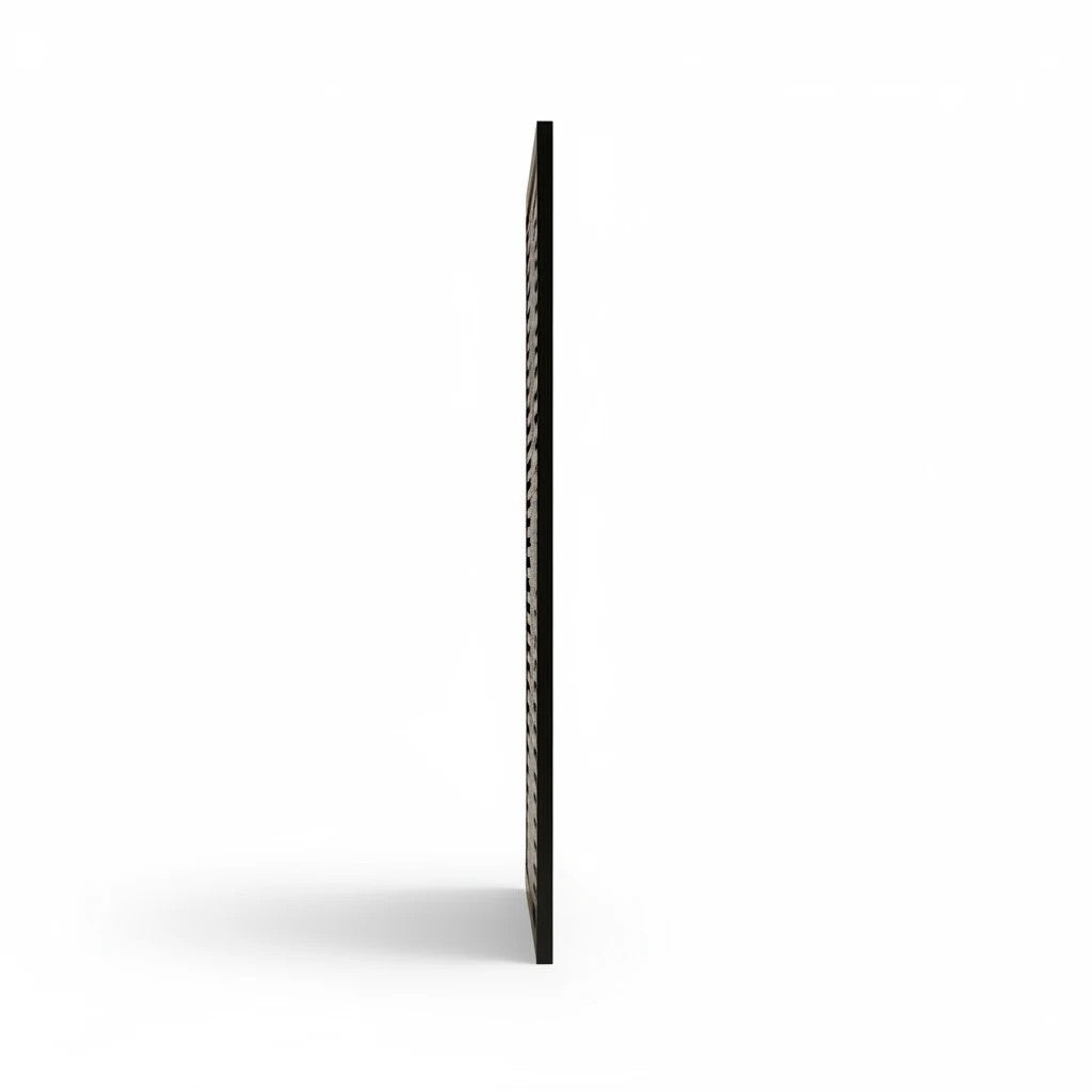 Smart Outlet matte black laser-cut metal wall panel with horizontal slats and female silhouette, side view