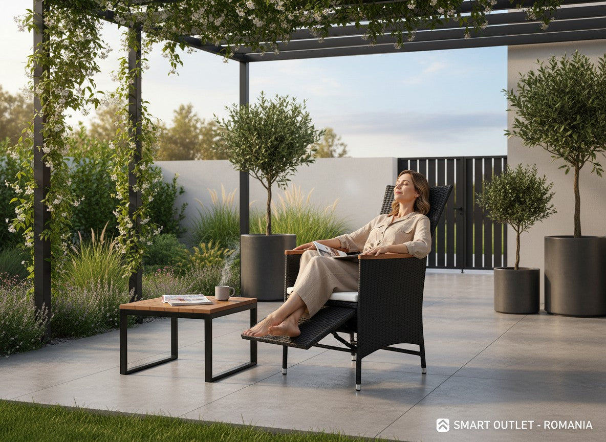 Smart Outlet black polyrattan garden recliner chair with wooden armrests and white cushion, adjustable footrest.