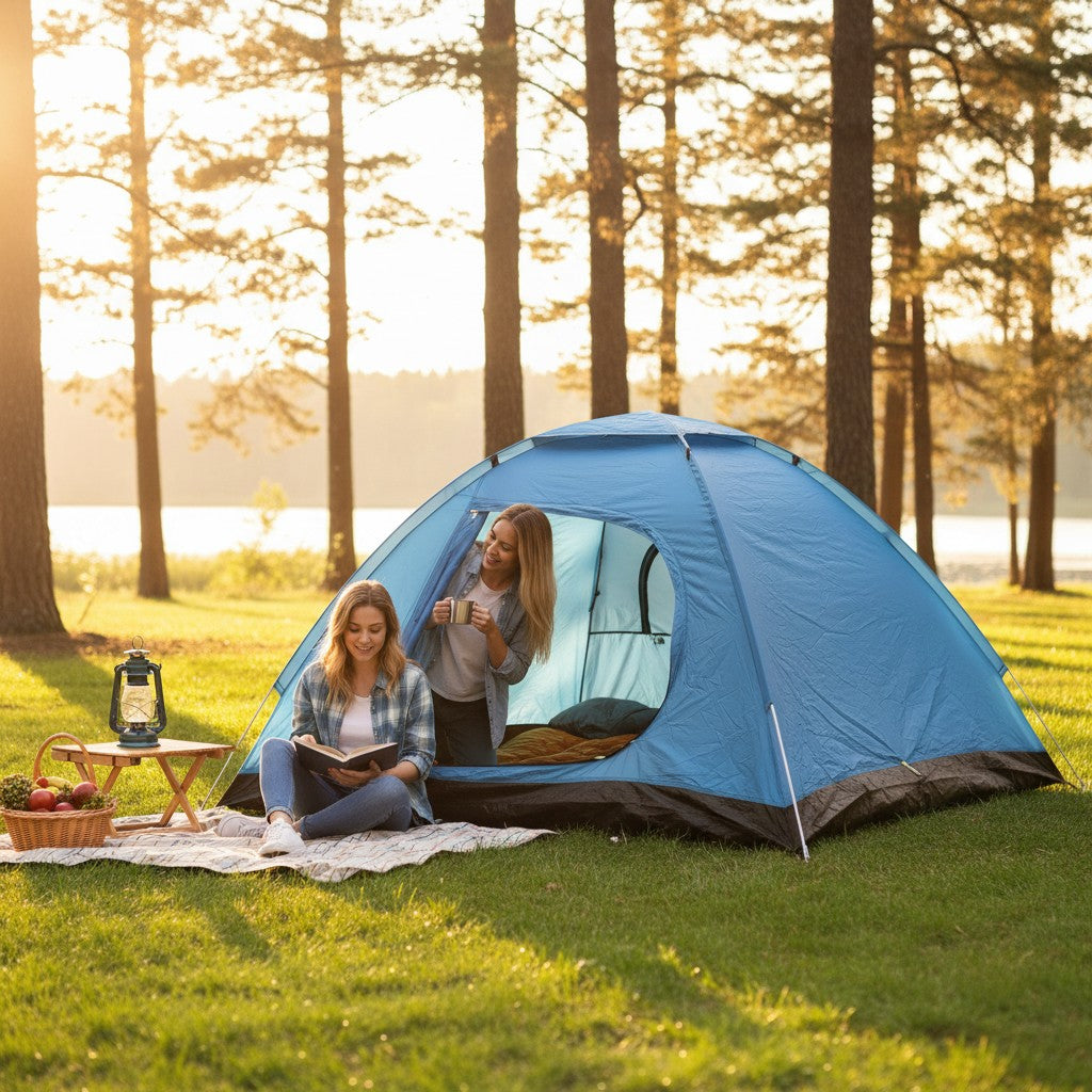 Smart Outlet blue 2-person camping tent made of waterproof fabric with fiberglass poles, ideal for outdoor adventures.
