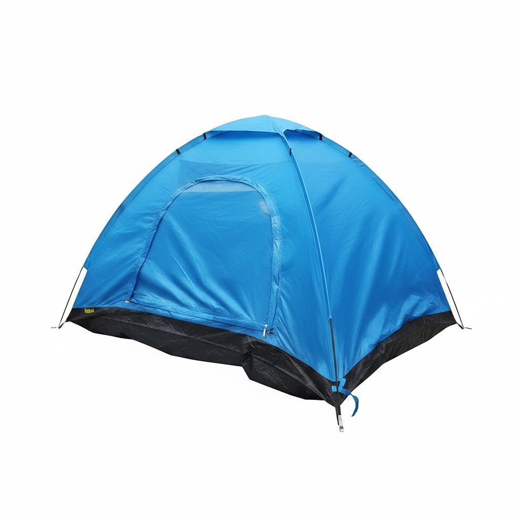 Smart Outlet blue 2-person camping tent made of waterproof fabric with fiberglass poles, ideal for outdoor adventures.
