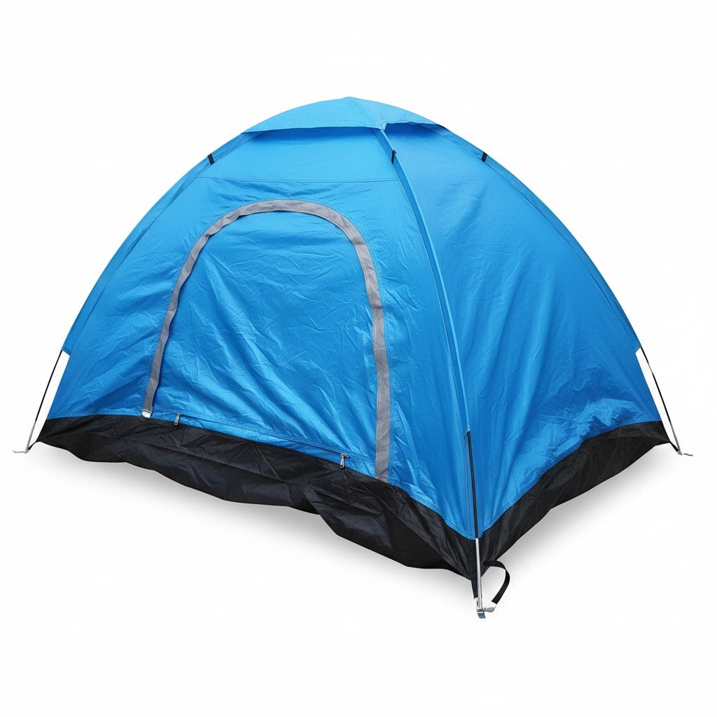 Smart Outlet blue 2-person camping tent made of waterproof fabric with fiberglass poles, ideal for outdoor adventures.