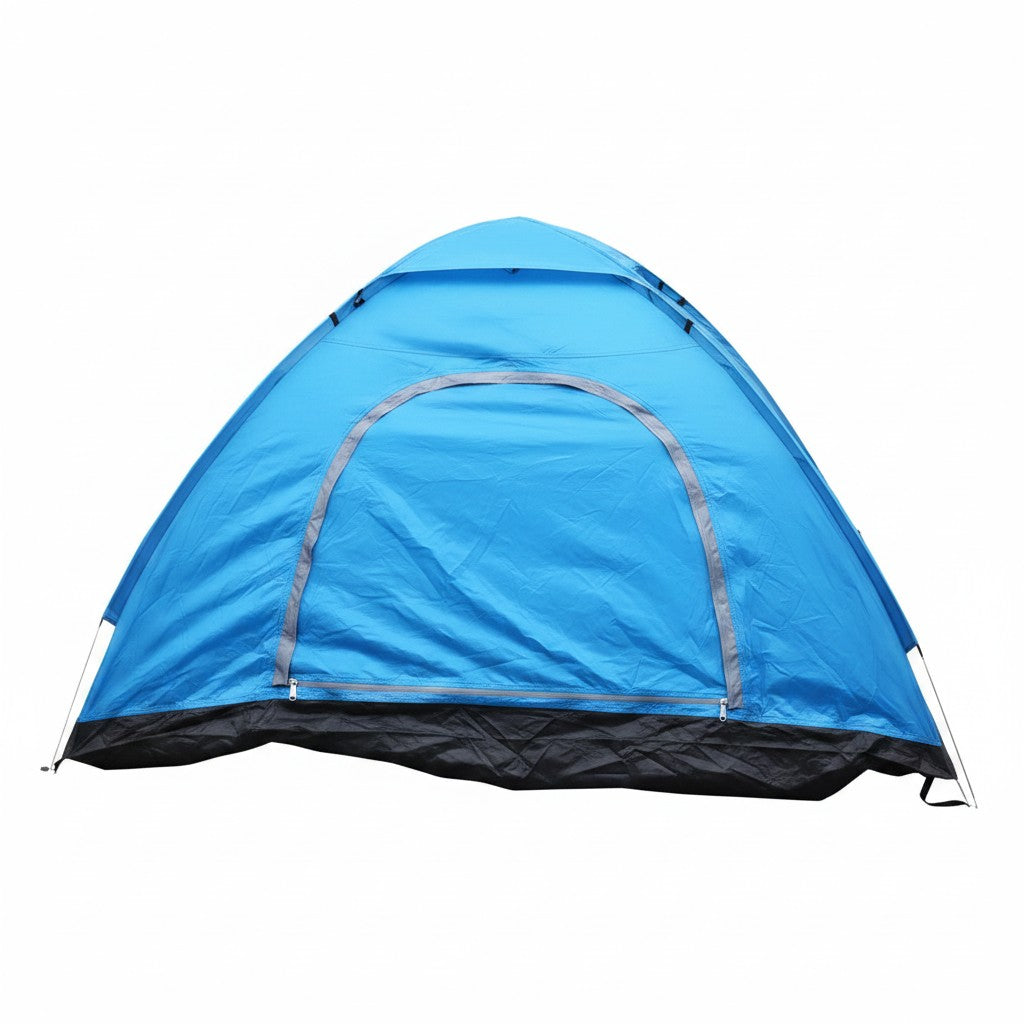 Smart Outlet blue 2-person camping tent made of waterproof fabric with fiberglass poles, ideal for outdoor adventures.