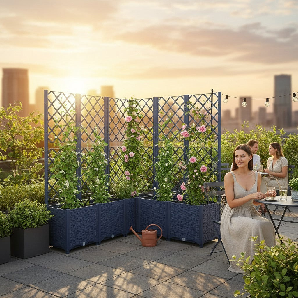 Smart Outlet blue-grey PP garden planter with trellis, 120x120x136 cm, ideal for climbing plants on patios and balconies.