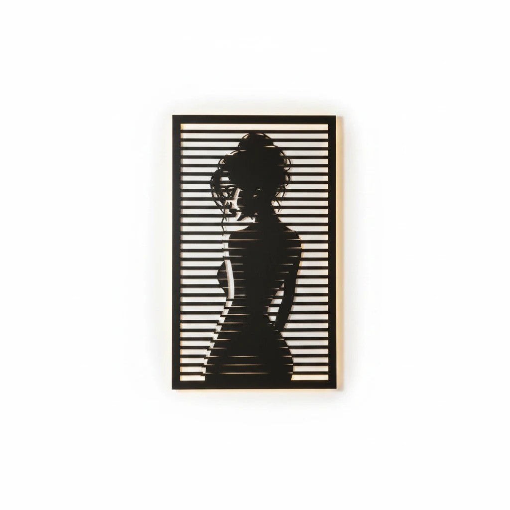 Smart Outlet matte black metal wall art featuring a laser-cut female silhouette with horizontal Venetian blind lines.