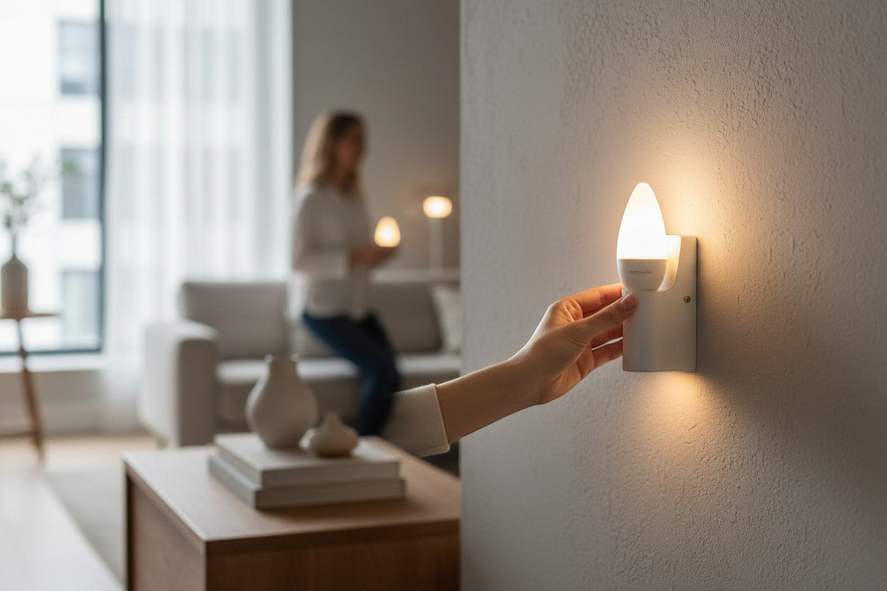 Smart Outlet MEGAMAN LED candle bulb, 5.5W, 4000K cool white light, B15d base, 470 lumens, 15,000 hours lifespan.