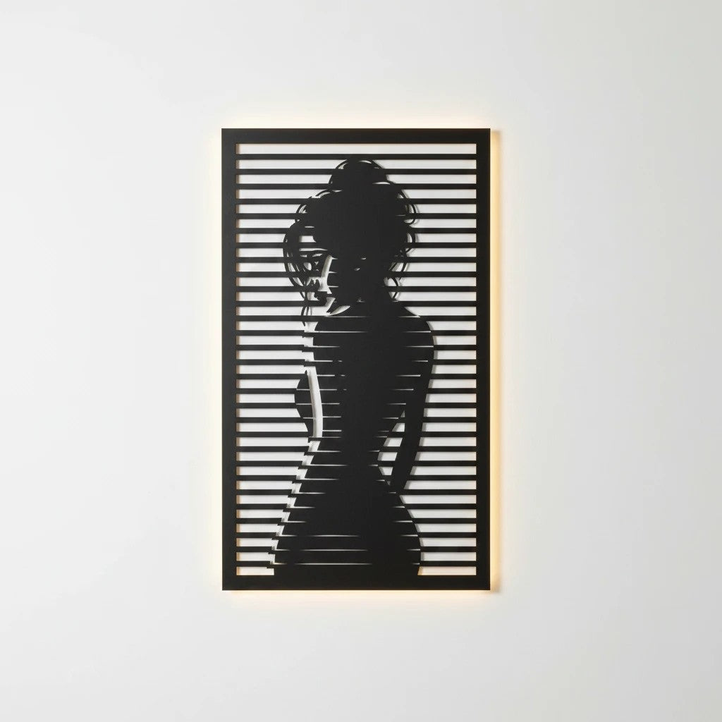 Smart Outlet black metal wall art featuring a laser-cut female silhouette with horizontal Venetian blind effect