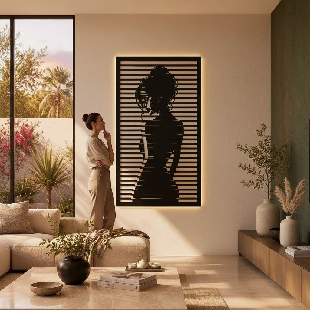 Smart Outlet black metal laser-cut wall art featuring a female silhouette with horizontal lines in a modern living room
