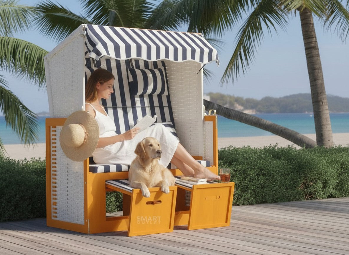 Smart Outlet beach chair with white and blue striped canopy and cushions, polirattan sides, and wooden frame.