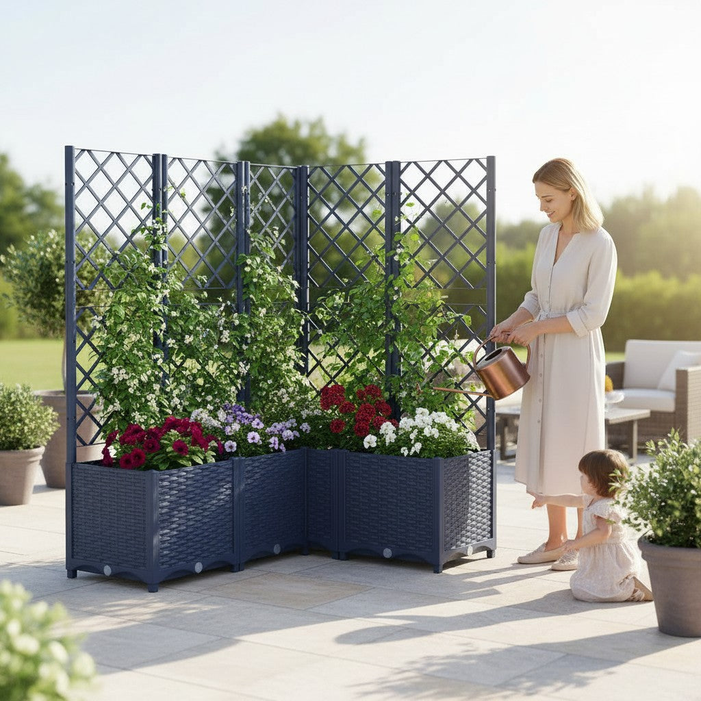 Smart Outlet grey-blue PP garden planter with trellis, 120x120x136 cm, ideal for climbing plants on patios and balconies.