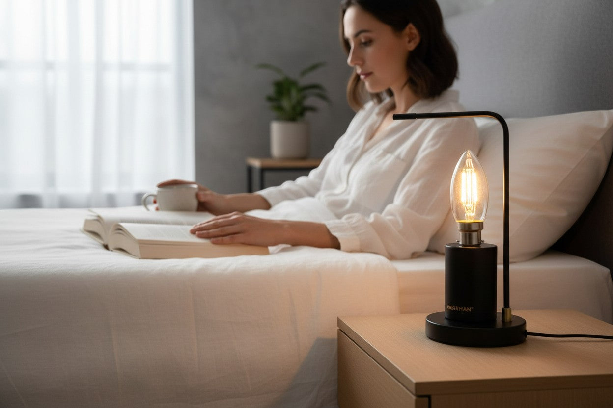 Smart Outlet Megaman B22 LED filament candle bulb, 3W, 2700K warm white, 250 lumens, clear glass, retro style.