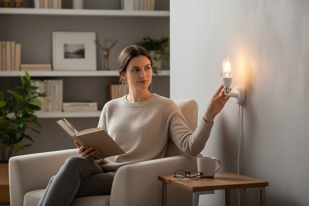 Smart Outlet Megaman B22 LED filament candle bulb, 3W, warm white 2700K, 250 lumens, clear glass, decorative retro style.